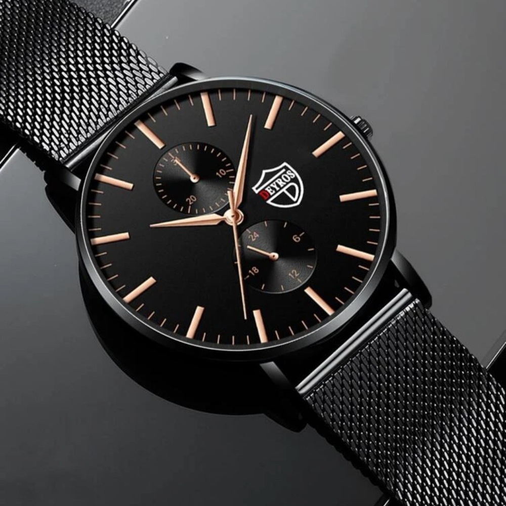 New Stainless Steel Analog Quartz Black Rose Gold Business Casual Mens Watch - Picture 2 of 13